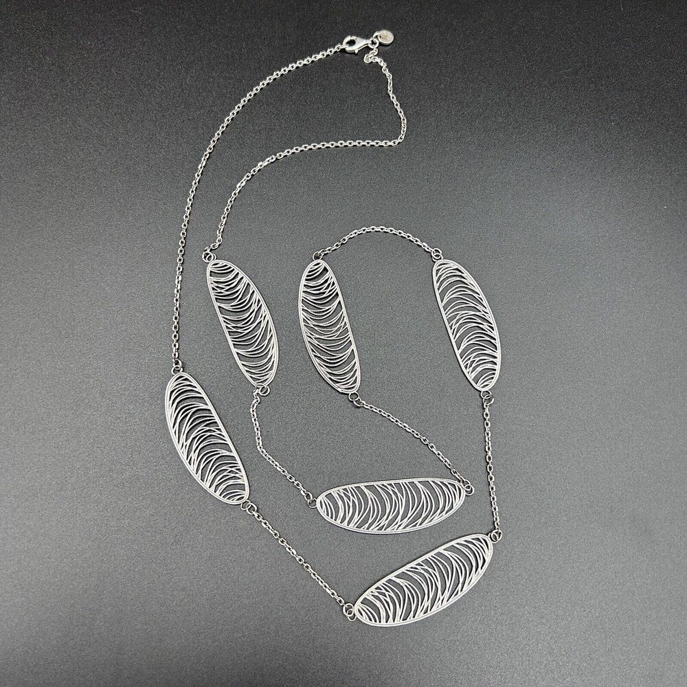 Sterling Leaf Wispy Oval Station Modernist Necklace Marked RCI 925 Italy 35in
